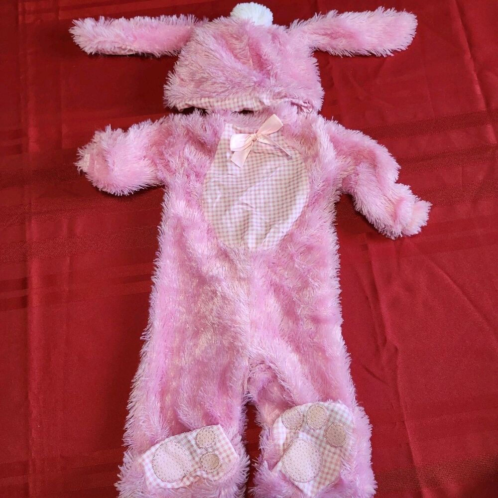 Vtg Pink Fuzzy Bunny Infant Costume 6-12M Plush Easter Rabbit 24" Gingham Bow